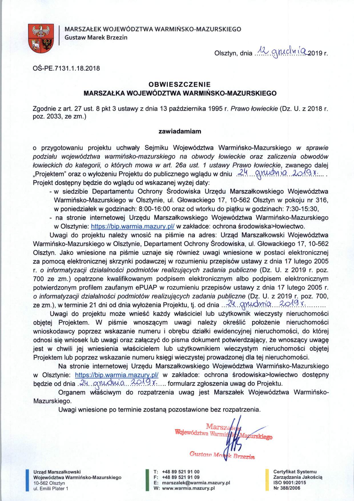 Obwieszczenie Marszałka Województwa Warmińsko-Mazurskiego
